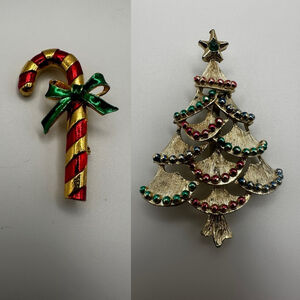 Festive Vintage 1960s Signed Gerrys Brooch Set - Candy Cane and Christmas Tree